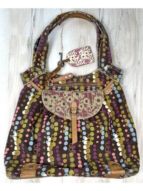 FOSSIL 14"x12"x4" Multicolor Canvas & Leather Polka Dot Bubble Hobo Bag HANDBAG
